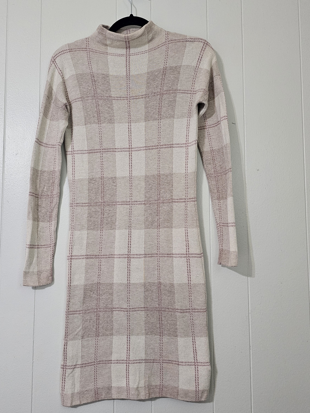 Tahari Sweater Dress XS Beige Plaid Long Sleeve Knit Bodycon Midi Cozy